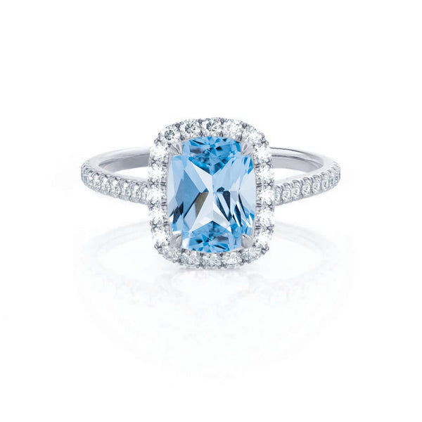 DARLEY - Aqua Spinel Elongated Cushion Micro Pavé 950 Platinum Halo Engagement Ring Lily Arkwright