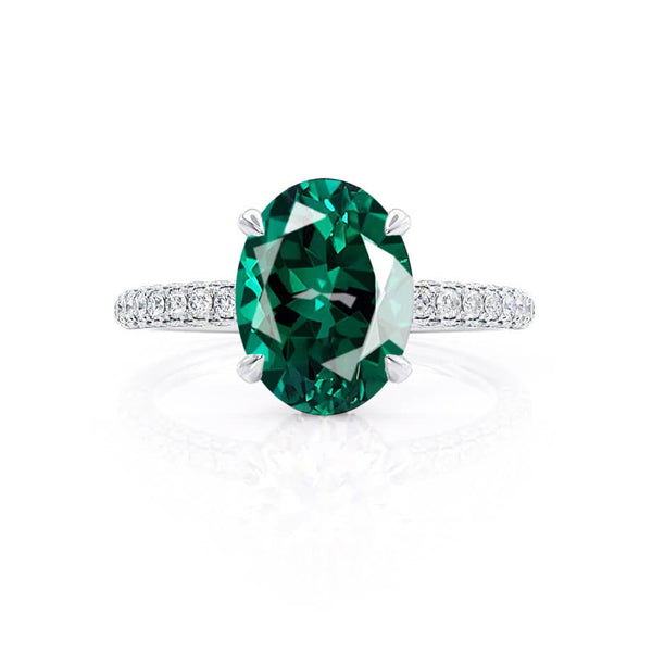 COCO - Oval Emerald & Diamond 18k White Gold Petite Hidden Halo Triple Pavé Shoulder Set Ring Engagement Ring Lily Arkwright