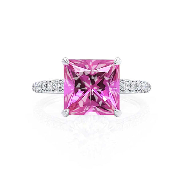 COCO - Princess Pink Sapphire & Diamond 950 Platinum Hidden Halo Triple Pavé Shoulder Set Engagement Ring Lily Arkwright