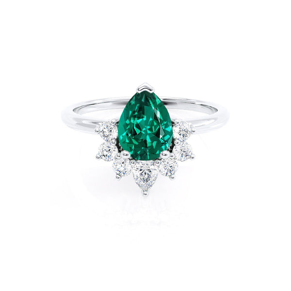 BALLET - Pear Emerald & Diamond Half Halo Tiara Ring 18k White Gold Engagement Ring Lily Arkwright