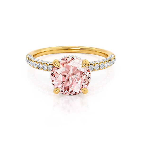 COCO- Round Champagne Sapphire & Diamond 18k Yellow Gold Petite Hidden Halo Triple Pavé Shoulder Set Ring Engagement Ring Lily Arkwright