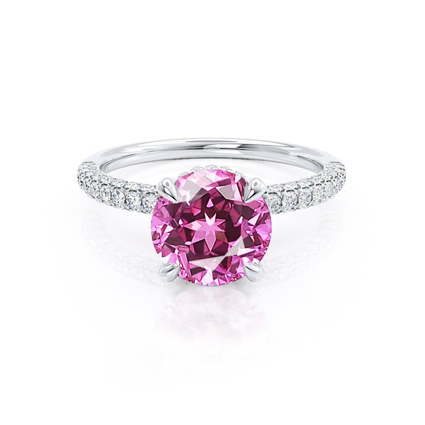 COCO- Round Pink Sapphire & Diamond 950 Platinum Petite Hidden Halo Triple Pavé Shoulder Set Ring Engagement Ring Lily Arkwright