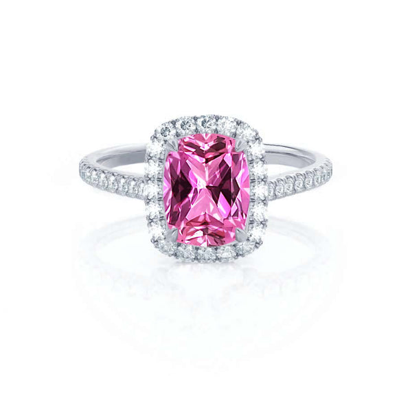 DARLEY - Pink Sapphire Elongated Cushion Micro Pavé 18k White Gold Halo Engagement Ring Lily Arkwright
