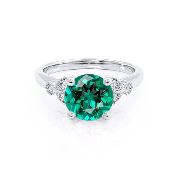 DELILAH - Round Emerald 18k White Gold Shoulder Set Ring Engagement Ring Lily Arkwright