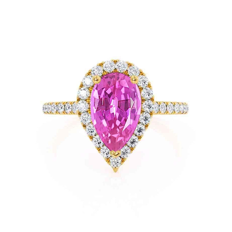 HARLOW - Pear Pink Sapphire & Diamond 18k Yellow Gold Halo Engagement Ring Lily Arkwright