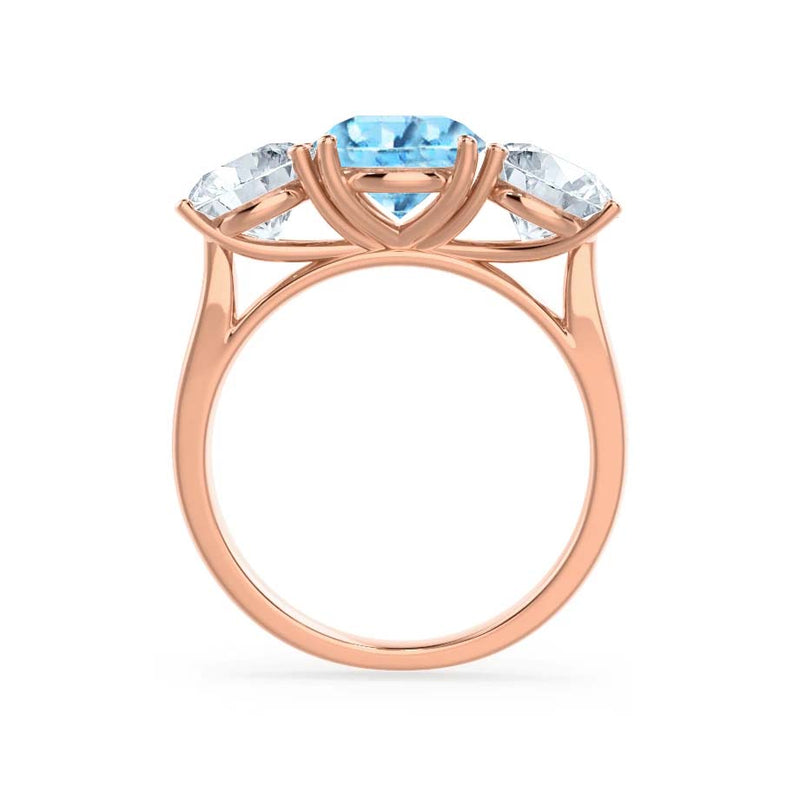 LEANORA - Round Aqua Spinel 18k Rose Gold Trilogy Engagement Ring Lily Arkwright