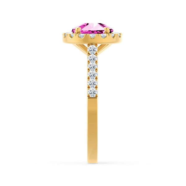 CECILY - Lab Grown Pink Sapphire & Diamond 18k Yellow Gold Halo Ring Engagement Ring Lily Arkwright