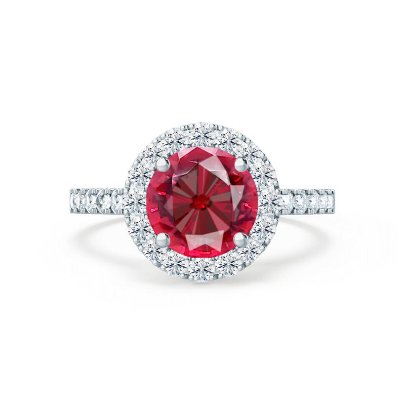 CECILY - Lab Grown Red Ruby & Diamond 18k White Gold Halo Ring Engagement Ring Lily Arkwright