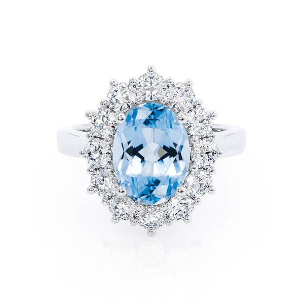 DIANA - Chatham® Aqua Spinel & Lab Diamond 18k White Gold Halo Engagement Ring Lily Arkwright