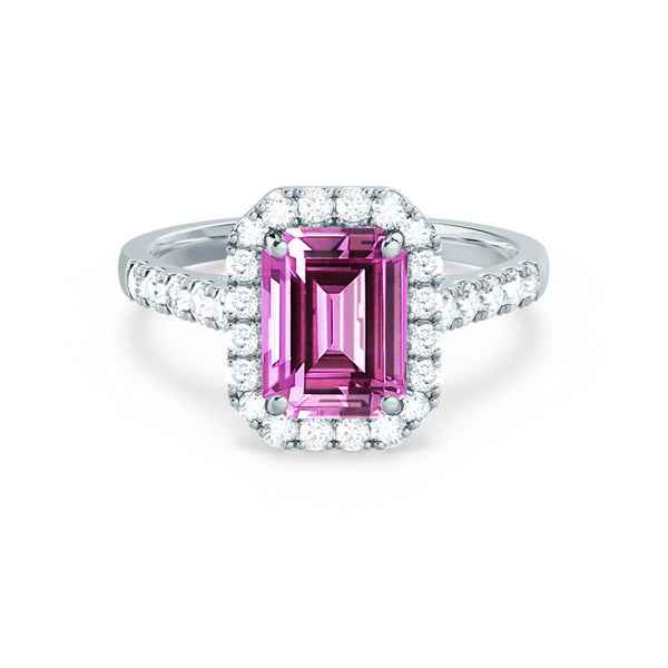 ESME - Emerald Lab-Grown Pink Sapphire & Diamond Platinum 950 Halo Engagement Ring Lily Arkwright