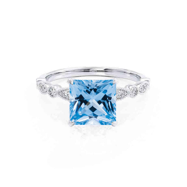 HOPE - Princess Aqua Spinel & Diamond 950 Platinum Vintage Shoulder Set Engagement Ring Lily Arkwright