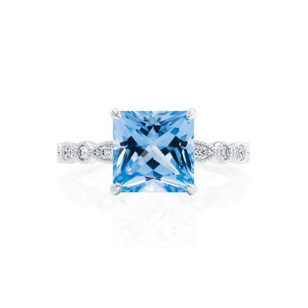 HOPE - Princess Aqua Spinel & Diamond 950 Platinum Vintage Shoulder Set Engagement Ring Lily Arkwright