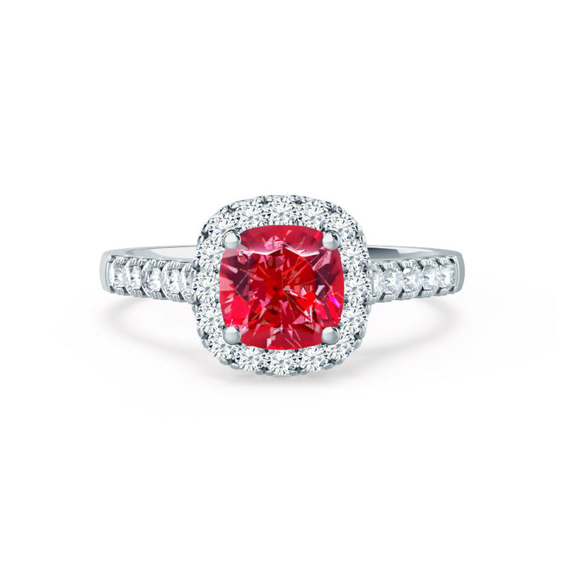OPHELIA - Lab Grown Red Ruby & Diamond 18K White Gold Halo Ring Engagement Ring Lily Arkwright