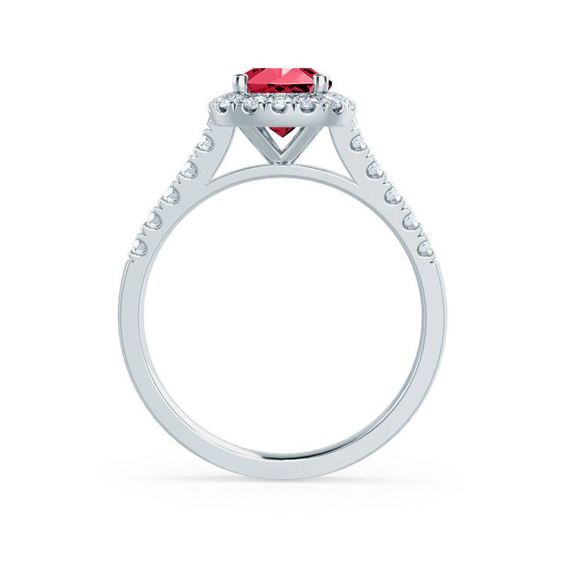 OPHELIA - Lab Grown Red Ruby & Diamond 18K White Gold Halo Ring Engagement Ring Lily Arkwright