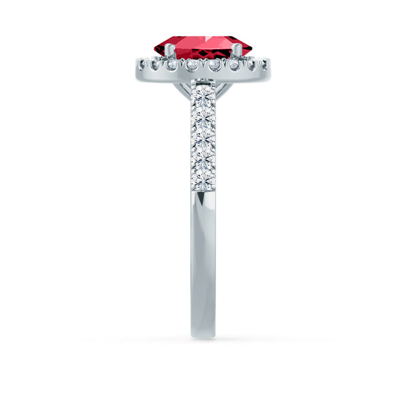 ROSA - Chatham® Ruby & Diamond Platinum Halo Ring Engagement Ring Lily Arkwright