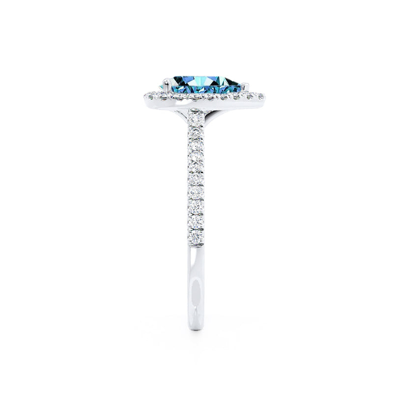 HARLOW - Pear Aqua Spinel & Diamond 950 Platinum Halo Engagement Ring Lily Arkwright
