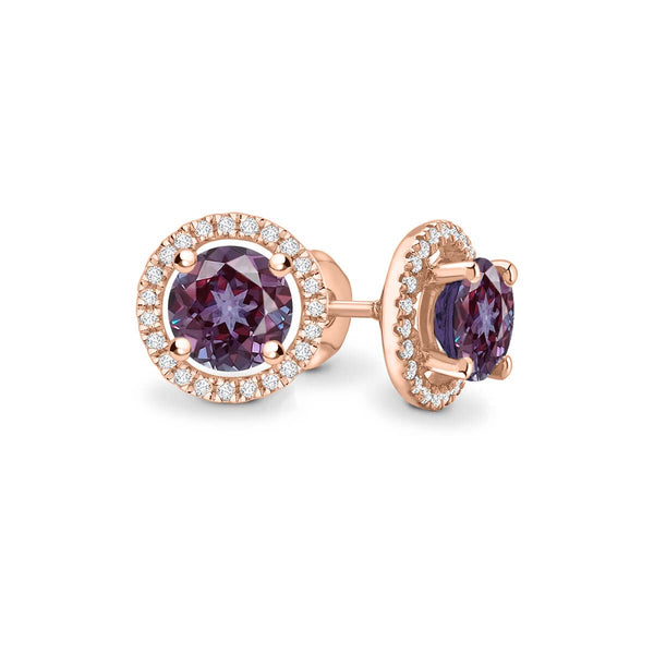 VOGUE - Round Alexandrite & Diamond 18k Rose Gold Halo Earrings Earrings Lily Arkwright