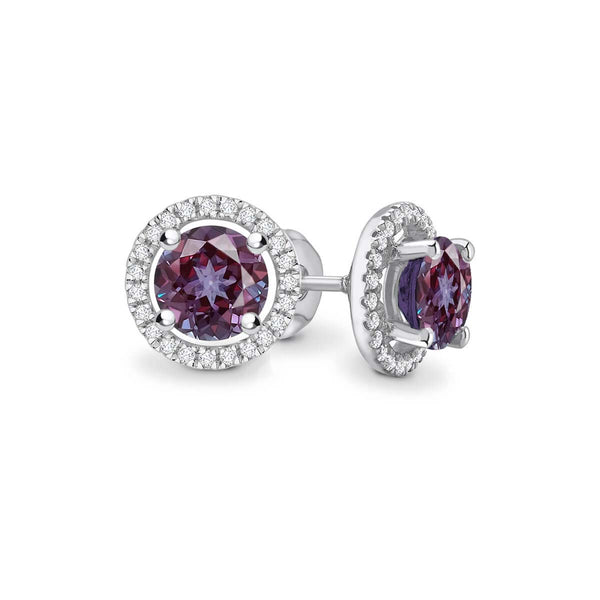 VOGUE - Round Alexandrite & Diamond 18k White Gold Halo Earrings Earrings Lily Arkwright