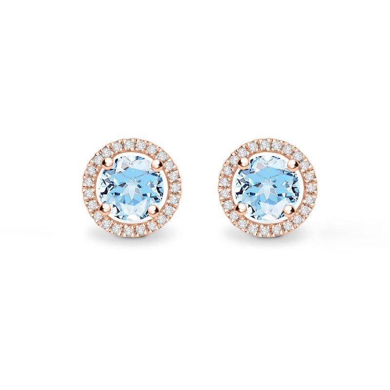 VOGUE - Round Aqua Spinel & Diamond 18k Rose Gold Halo Earrings Earrings Lily Arkwright