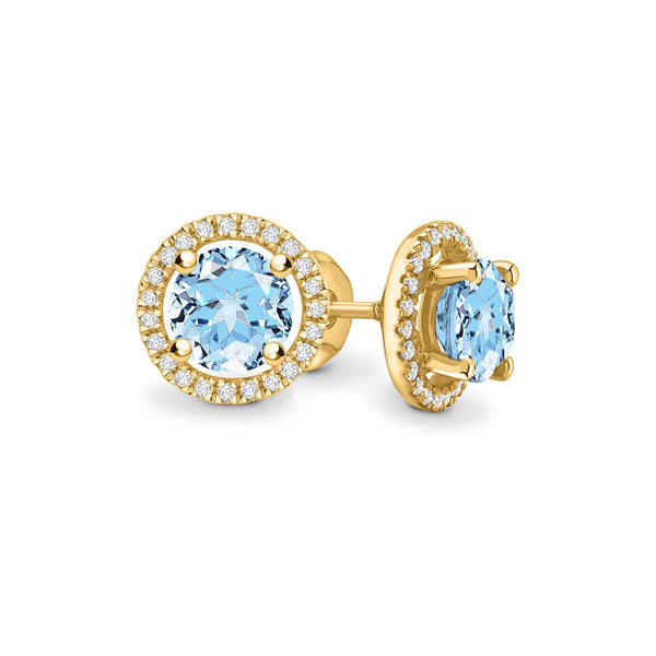 VOGUE - Round Aqua Spinel & Diamond 18k Yellow Gold Halo Earrings Earrings Lily Arkwright