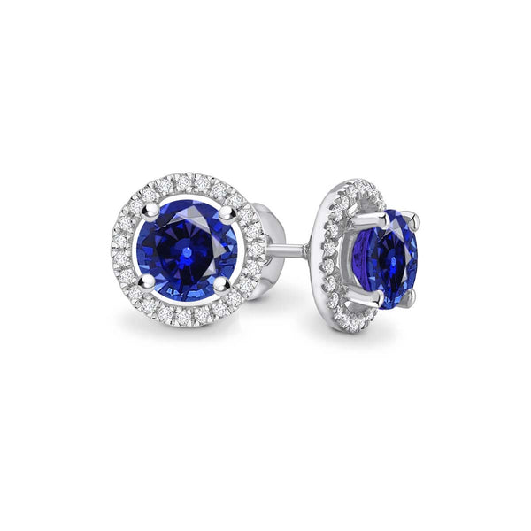VOGUE - Round Blue Sapphire & Diamond 950 Platinum Halo Earrings Earrings Lily Arkwright