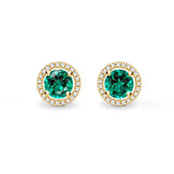 VOGUE - Round Emerald & Diamond 18k Yellow Gold Halo Earrings Earrings Lily Arkwright