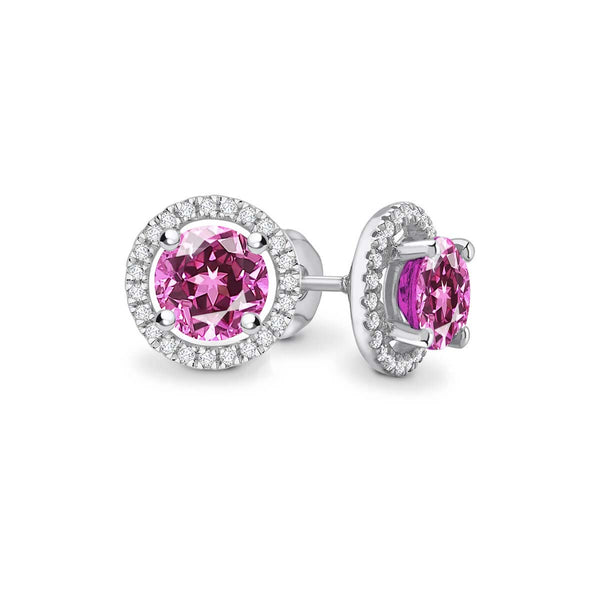 VOGUE - Round Pink Sapphire & Diamond 950 Platinum Halo Earrings Earrings Lily Arkwright