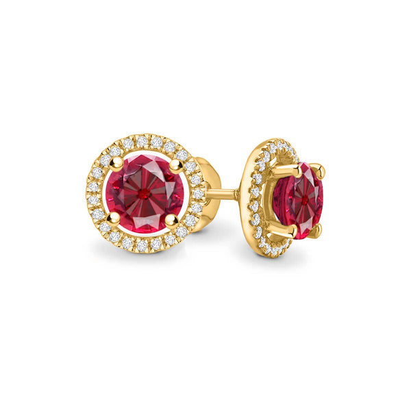 VOGUE - Round Ruby & Diamond 18k Yellow Gold Halo Earrings Earrings Lily Arkwright