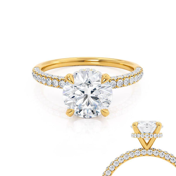 COCO- Round Natural Diamond 18k Yellow Gold Petite Hidden Halo Triple Pavé Shoulder Set Ring Engagement Ring Lily Arkwright