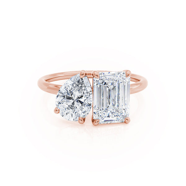 COMET - Toi Et Moi Lab Diamond Emerald & Pear Cut Ring 18k Rose Gold Engagement Ring Lily Arkwright