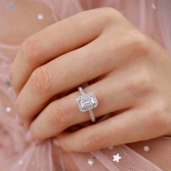 ESME - Emerlad Lab Diamond & Diamond 18k Yellow Gold Halo Engagement Ring Lily Arkwright