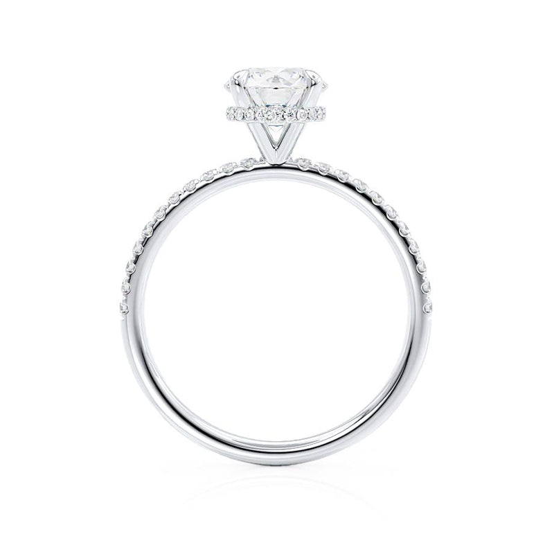 LIVELY - Round Moissanite & Diamond 18k White Gold Petite Hidden Halo Pavé Shoulder Set Ring Engagement Ring Lily Arkwright