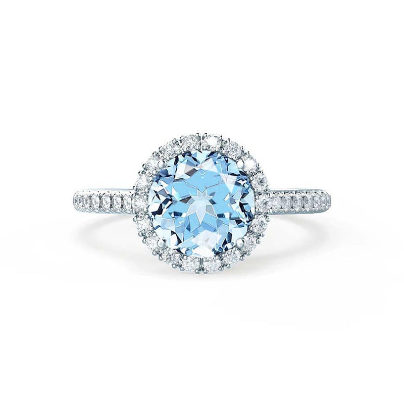 LAVENDER- Chatham® Aqua Spinel & Diamond 18k White Gold Petite Halo Engagement Ring Lily Arkwright
