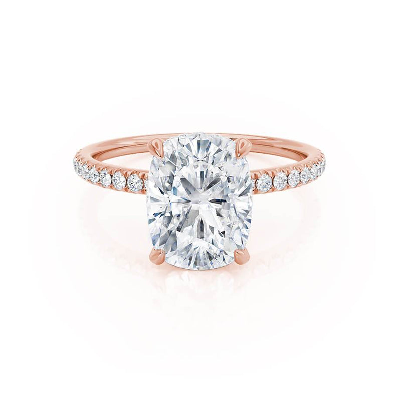 LIVELY - Elongated Cushion Lab Diamond 18k Rose Gold Petite Hidden Halo Pavé Shoulder Set Engagement Ring Lily Arkwright