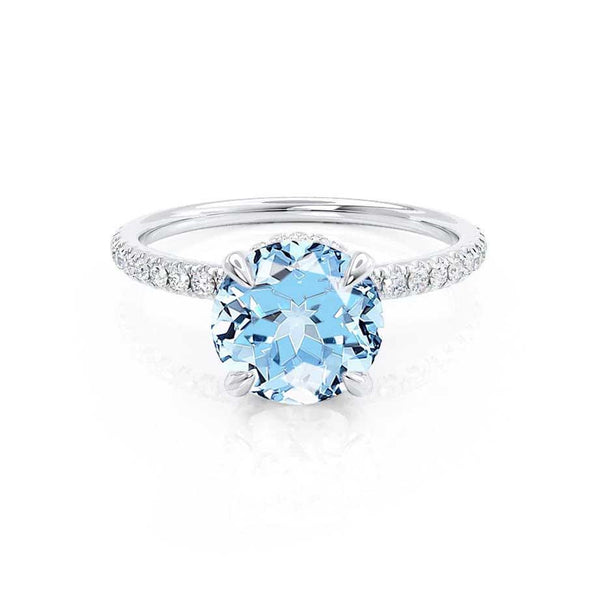 LIVELY - Chatham® Round Aqua Spinal 18k White Gold Petite Hidden Halo Pavé Shoulder Set Ring Engagement Ring Lily Arkwright