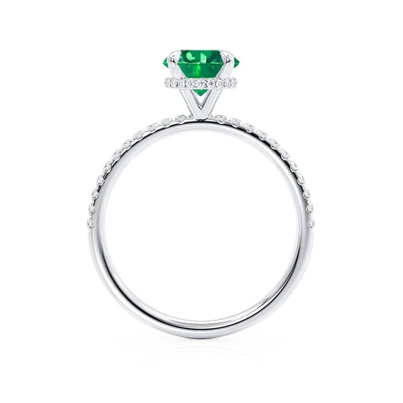 Lively white gold shoulder set Chatham round emerald diamond engagement ring Lily Arkwright 