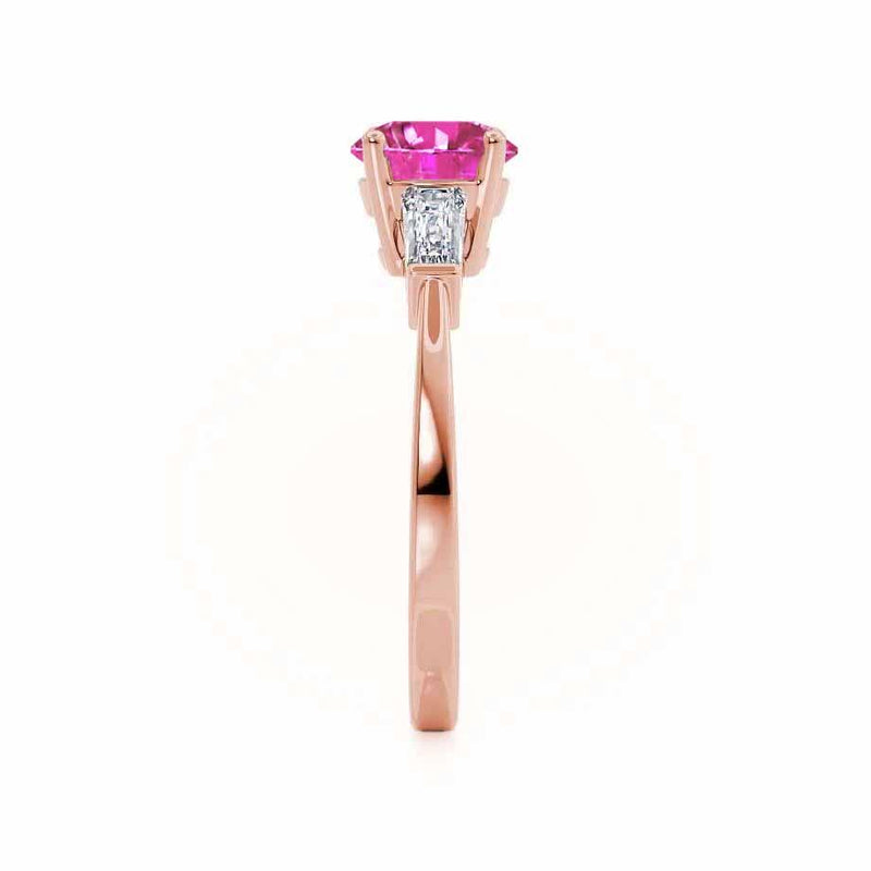 Lovetta round cut chatham pink sapphire lab diamond engagement ring 18k rose gold classic trilogy Lily Arkwright