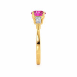 LOVETTA - Round & Baguette Chatham® Pink Sapphire 18k Yellow Gold Trilogy Engagement Ring Lily Arkwright